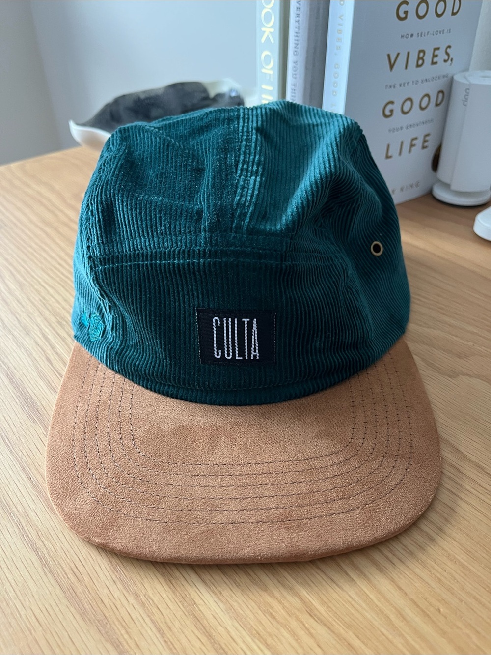 Set of 2 CULTA Green Corduroy and Black & White Logo Hats